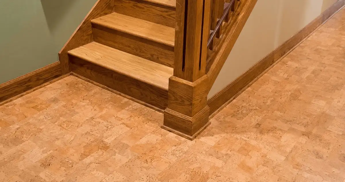 End of a staircase with cork flooring in Detroit, MI