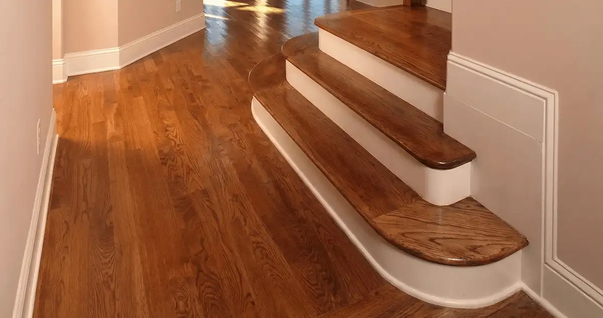 Base floor of a staircase with professionally restored wood flooring in Detroit MI