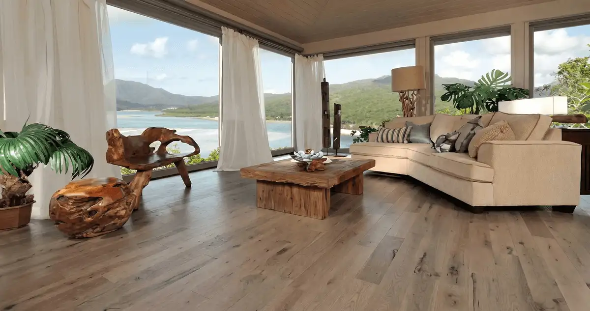 Professionally installed vinyl flooring in a modern living room with large windows in Detroit, MI